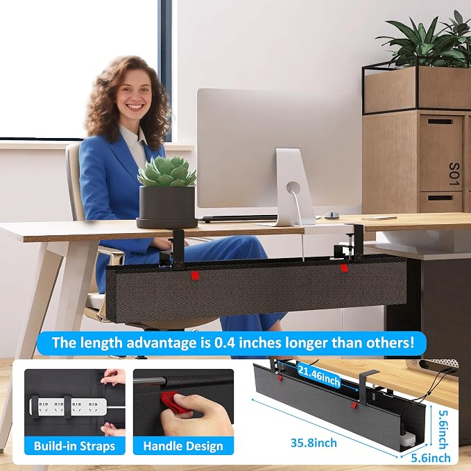 Under Desk Cable Management Tray - Under Desk Cord Management - Clamp/Screw Mount - Fabric Wire Management - Cable Raceways Tray Cord Hiders for Office/Home (Black, 35.8"×5.6") - Image 7