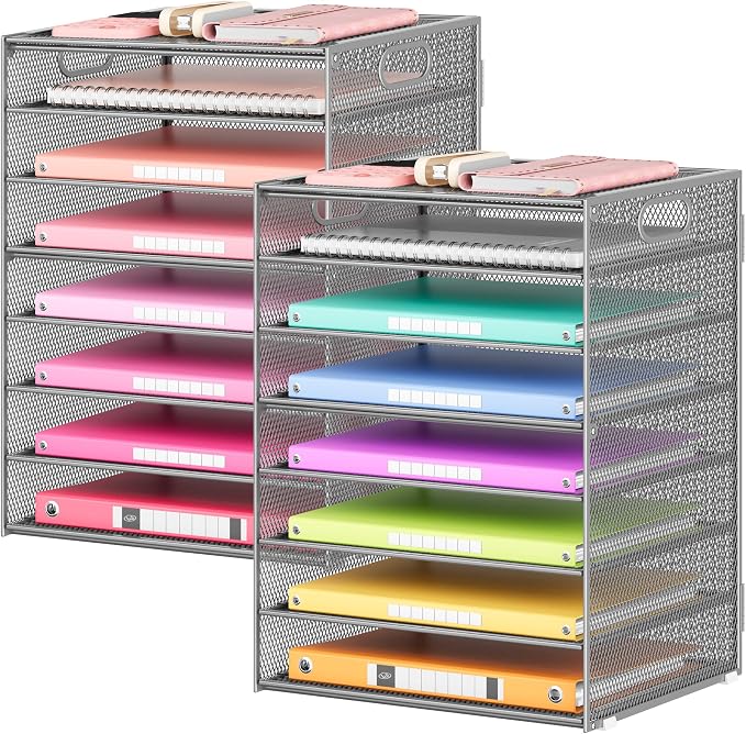 Lavatino 2 Pack 8-Tier Office Desk File Organizer, Letter Tray Paper Organizer with Handle, Including 5 Adjustable Slide Trays for Organizing Desk Workspace Accessories and Supplies (Silver Mesh) by Lavatino