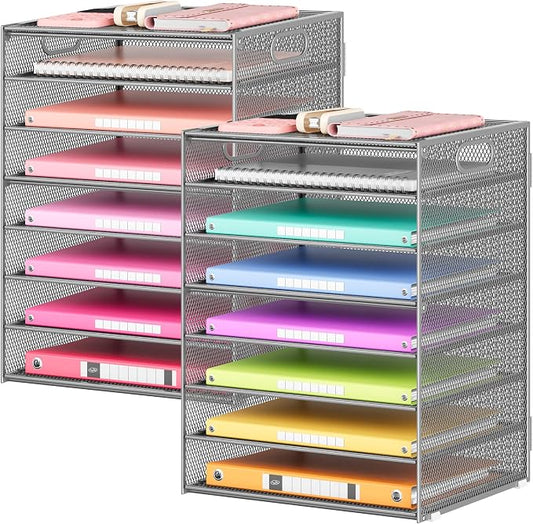 Lavatino 2 Pack 8-Tier Office Desk File Organizer, Letter Tray Paper Organizer with Handle, Including 5 Adjustable Slide Trays for Organizing Desk Workspace Accessories and Supplies (Silver Mesh) by Lavatino