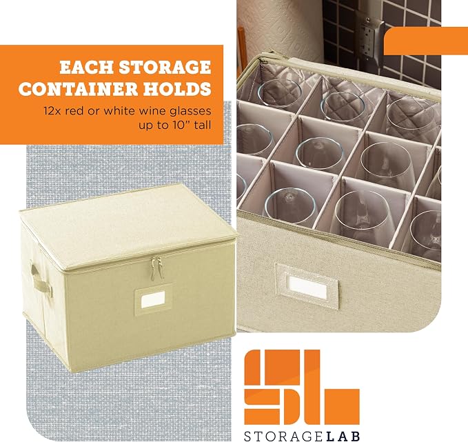Wine Glass Storage Case | Hard Shell Felt Dividers | Cream | Hard Shell Case Holds 12 Wine Glasses In 4x4 Felt Compartments. Stackable, Top-Load, Label Tag. Cream Linen Finish. - Image 5