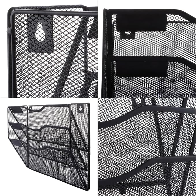 ASelected 3 Tier Wall File Holder Organiser,Paper Magazine Storage Rack Holde, Mesh Wall Mounted Holder Metal Hanging Wall Files Mail Document Holder for Office and home, Black - Image 5