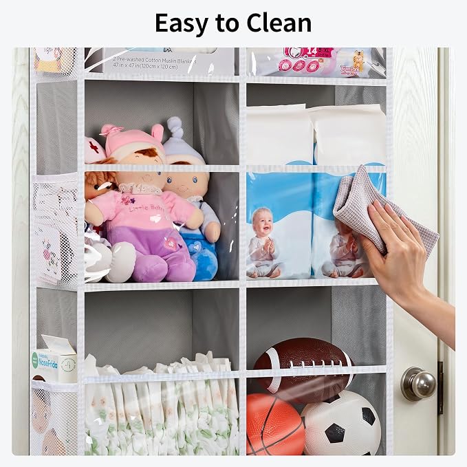 JARLINK Over the Door Organizer, Extra Large Storage for Bedroom, Grey | Anti-Tilt 100 lb Load Capacity, Hanging Door Organizer with 5 10 Mesh Pockets, Behind Door Storage for Bathroom, Nursery - Image 5