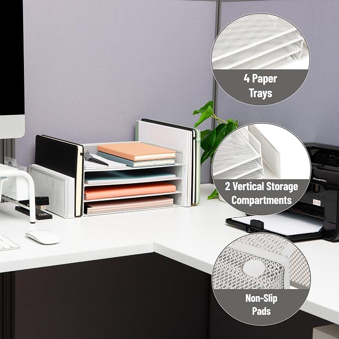 Mind Reader Desktop Organizer, File Storage, Paper Tray, Workspace, Office, Metal Mesh, 16.75"L x 9.15"W x 6"H, White - Image 4