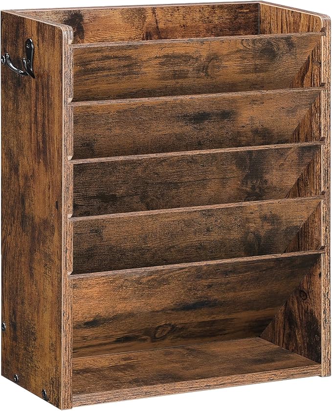 Wall File Organizer, 6-Tier Vertical Mount Hanging Holder with 2 Side Hooks, Vintage Wooden Magazine Storage Crate with Bottom Flat Tray, Desk Organizer, for Office, Home, Rustic Brown MWJ01FG by Choezon