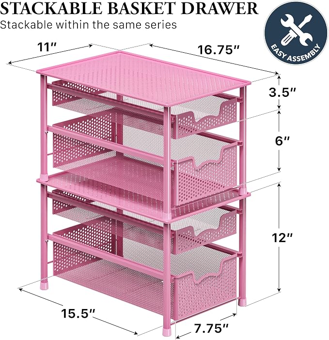 Simple Houseware Stackable 2 Tier Sliding Basket Organizer Drawer, Pink - Image 2