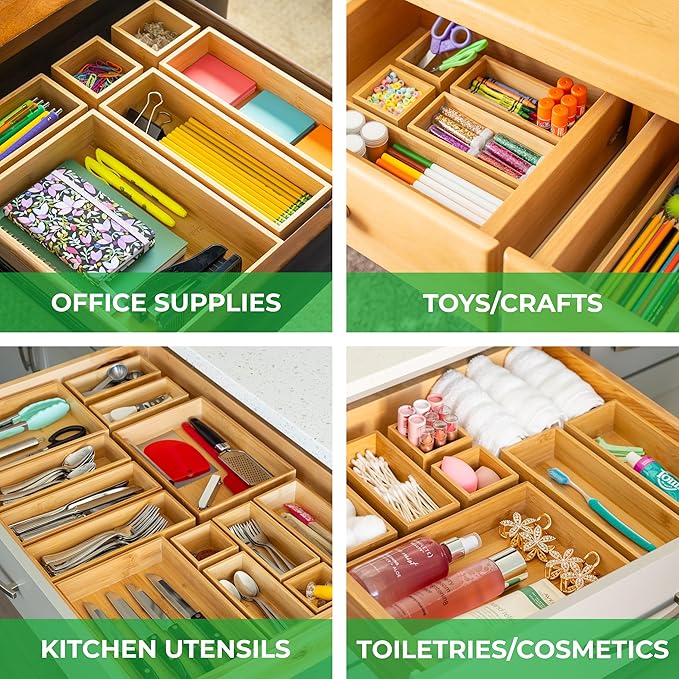 Grow Forward Bamboo Drawer Organizer Boxes - Set of 14 Wooden Drawer Organizers for Kitchen, Bathroom, Office, Desk, Vanity, Makeup - Non-Slip Junk Drawer Organizer Trays for Storage and Organization - Image 2