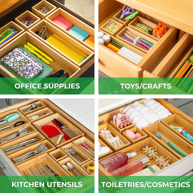 Grow Forward Bamboo Drawer Organizer Boxes - Set of 14 Wooden Drawer Organizers for Kitchen, Bathroom, Office, Desk, Vanity, Makeup - Non-Slip Junk Drawer Organizer Trays for Storage and Organization - Image 2