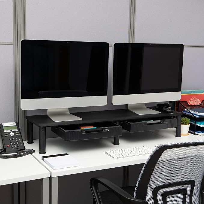 Mind Reader Dual Monitor Stand, Height Adjustable, Desktop Organizer, Laptop Riser, Office, 38.5"L x 11"W x 2.55-6.5"H, Black - Image 2