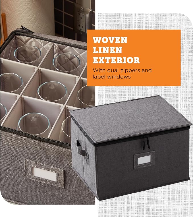 Wine Glass Storage Case | Hard Shell Felt Dividers | Gray | Hard Shell Case Holds 12 Wine Glasses In 4x4 Felt Compartments. Stackable, Top-Load, Label Tag. Keeps Stemware Chip-Free. - Image 6