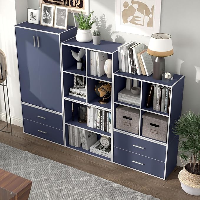 Homes: Inside + Out Apexa 3-Tier Stackable Wood Bookcase with Doors, Cube Storage Organizer Shelves, Small Food Pantry Cabinet, Dorm Teen Room Decor & Bedroom, Home Office, Kitchen, Steel Blue - Image 7