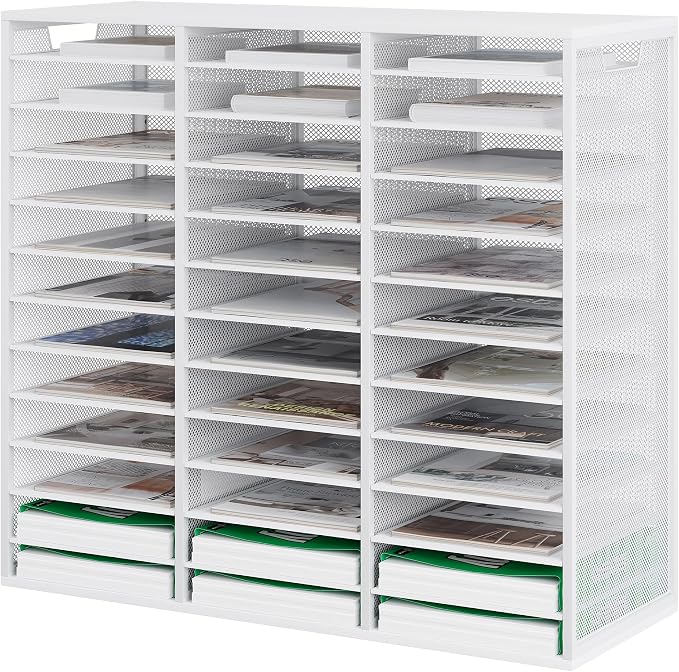 TQVAI 36 Compartments Desktop Literature Organizer, Metal Frame Paper Sorter with Handles, Heavy Duty Mailbox for Classroom and Office, Desk File Organizer for Document, Bill, Magazine, White by TQVAI