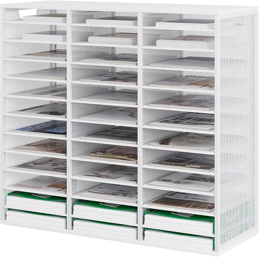TQVAI 36 Compartments Desktop Literature Organizer, Metal Frame Paper Sorter with Handles, Heavy Duty Mailbox for Classroom and Office, Desk File Organizer for Document, Bill, Magazine, White by TQVAI