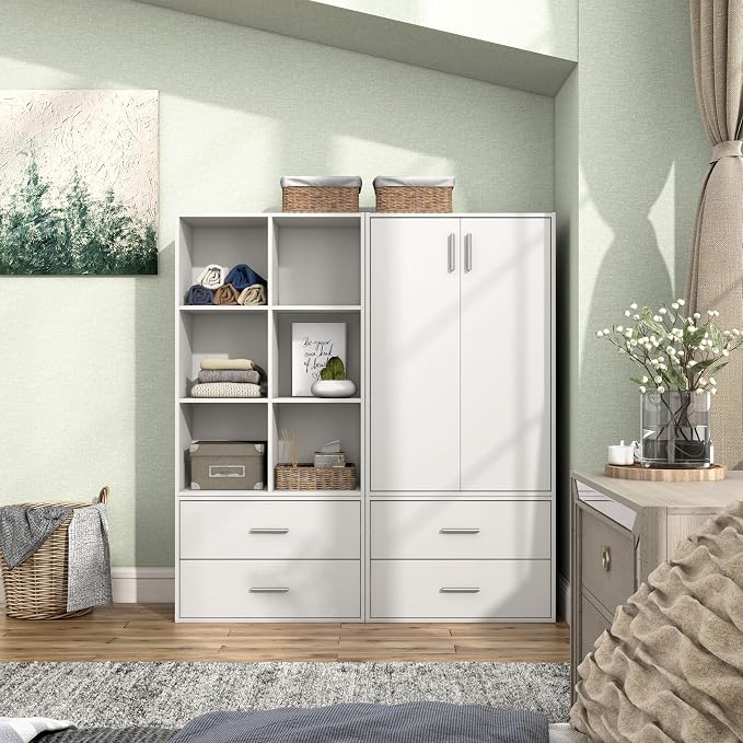 Homes: Inside + Out Apexa 3-Tier Stackable Wood Bookcase with Doors, Cube Storage Organizer Shelves, Small Food Pantry Cabinet, Dorm Teen Room Decor & Bedroom, Home Office, Kitchen, White - Image 12