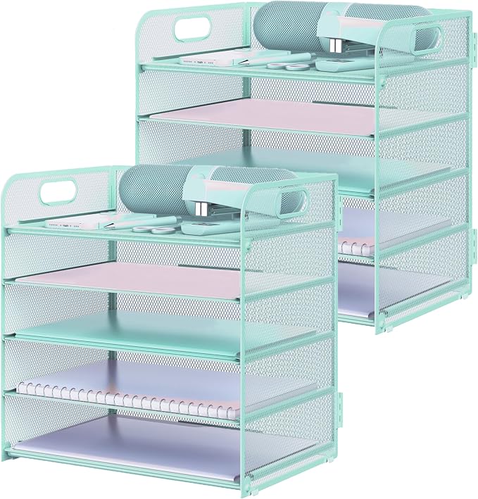 2 Pack Letter Tray Paper Organizer 5-Tier Desk Organizer File Organizer Paper Holder with Handle, Metal Desktop Document Shelf Tray Office Classroom Organization - Blue by Sinboun