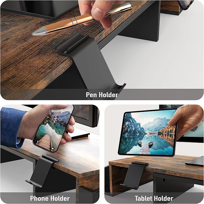 Simple Houseware Desk Dual Monitor Stand Riser with Drawer, Rustic Brown | Customizable Organizer Tray, Built-In Phone & Tablet Slot and Side Storage - Image 4