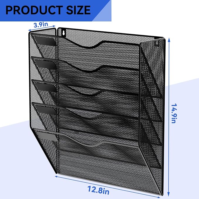 5 Pockets Hanging Wall File Organizer Mail Holder, Wall Mounted Paper Document Folder Holder, Clipboard Storage Organization Magazine Rack, Black - Image 3