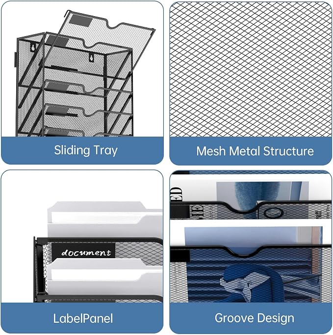 10 Tier Wall File Organizer Office Hanging Mail Holder Wall Mounted, Mesh Paper Document Organizer for Office Home School, Black | Wall Organizer and Wall Mounted File Holder with 10 Pockets and Label Panels for Files, Mail, Folders, Magazines and Paper - Image 4