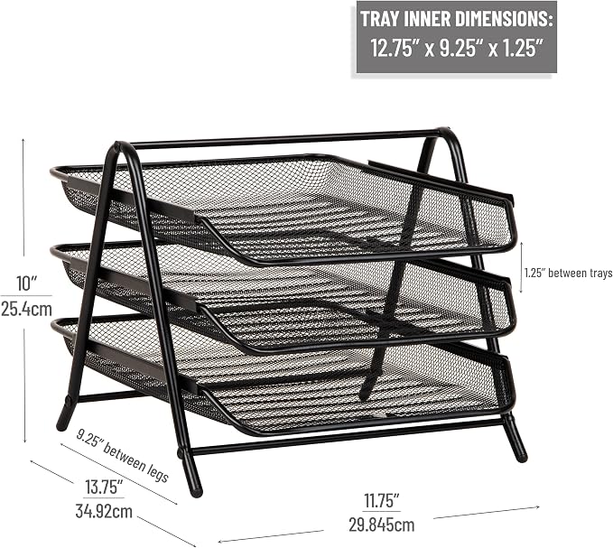 Mind Reader 3-Tier Paper Tray, Desktop Organizer, File Storage, Office, Metal Mesh, 11.75" L x 13.75" W x 10" H, Set of 2, Black - Image 3