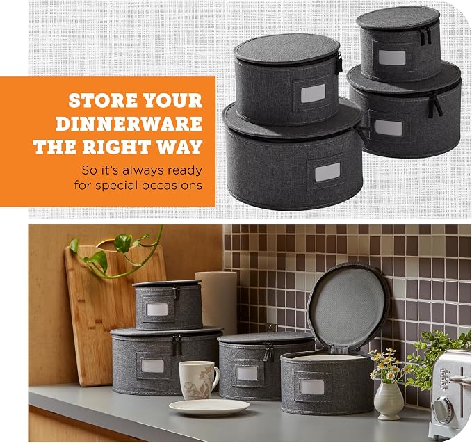 4-Piece China Plate Storage Set | Hard Shell Dividers | Gray | 4 Hard Shell Plate Cases - Dinner, Salad, Dessert & Saucer, 12 Plates Each, 48 Total. Felt Dividers, Stackable. - Image 2