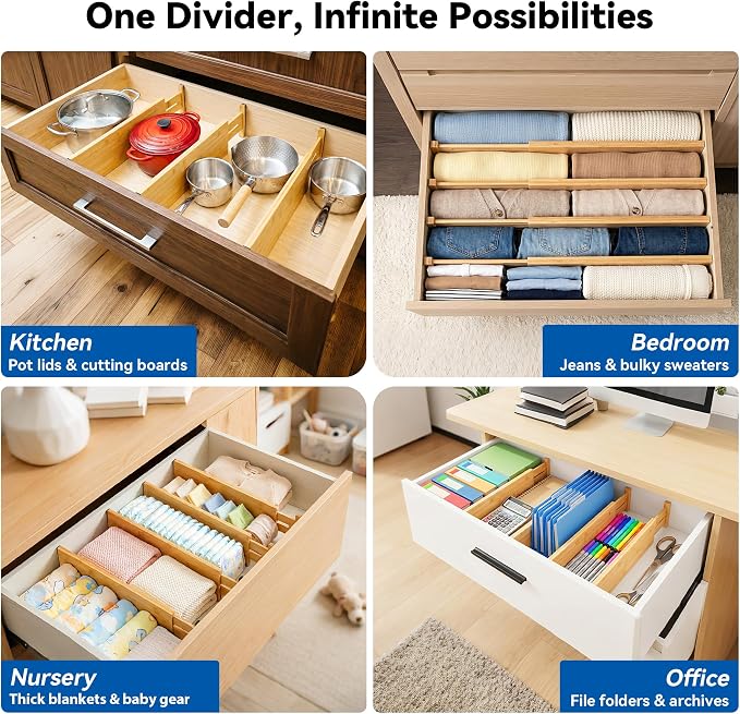 4 Pack Deep Drawer Dividers, 6" High Bamboo Expandable Drawer Organizers, 17-22" Adjustable Tension Separators, Large Drawer Dividers for Kitchen, Bedroom Dresser, Baby Nursery & Bathroom - Image 7