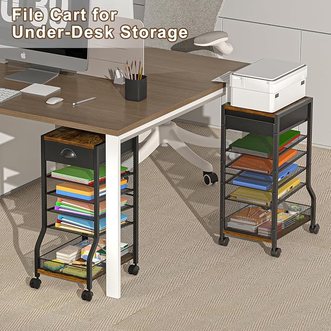 keomaisyto 6-Tier Rolling File Cart with Drawer, Under Desk Storage with Paper Letter Sliding Trays, Standing File Organizer with Wheels, Slim Workspace Organizers for Office/Home/School/Study - Image 5