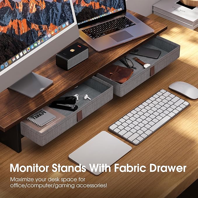 Fenge 35 Inch Monitor Stand with Drawer Storage, Computer Riser for Desk | Wooden Computer Shelf, 2 Tiers, for Dual Monitor/Laptop/PC/TV/Printer up to 55Lbs, Home Office Desk Organizer - Image 4