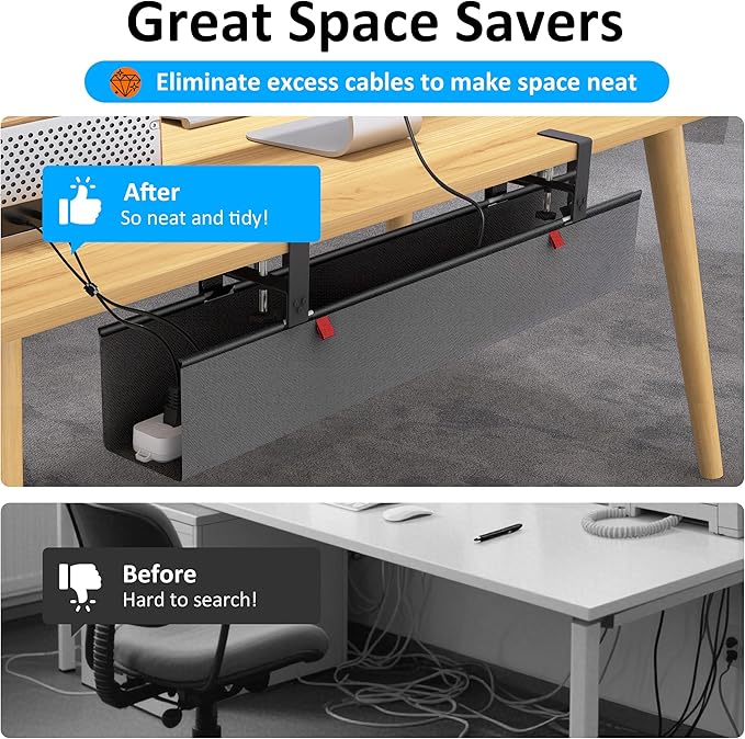 Under Desk Cable Management Tray - Under Desk Cord Management - Clamp/Screw Mount - Fabric Wire Management - Cable Raceways Tray Cord Hiders for Office/Home (Black, 35.8"×5.6") - Image 6