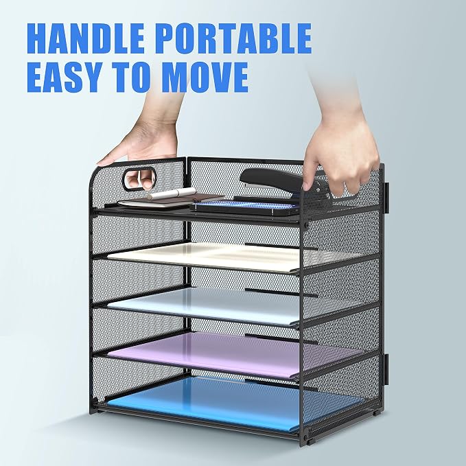 2 Pack 5-Tier Desk Organizer with Handle Mesh Desk File/Paper Organizer Letter Tray for Office, School, Classroom and Home Easy Installation, Black - Image 5