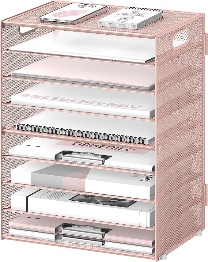9-Tier Paper Organizer for Desk, Metal Mesh Letter Tray with Handles, Pink | Desk File Organizer with Removable Trays for Sorting Files, Folders, Mail and Printer Paper at Home, School or Office by DALTACK