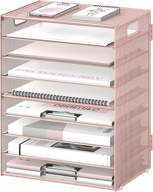 9-Tier Paper Organizer for Desk, Metal Mesh Letter Tray with Handles, Pink | Desk File Organizer with Removable Trays for Sorting Files, Folders, Mail and Printer Paper at Home, School or Office by DALTACK