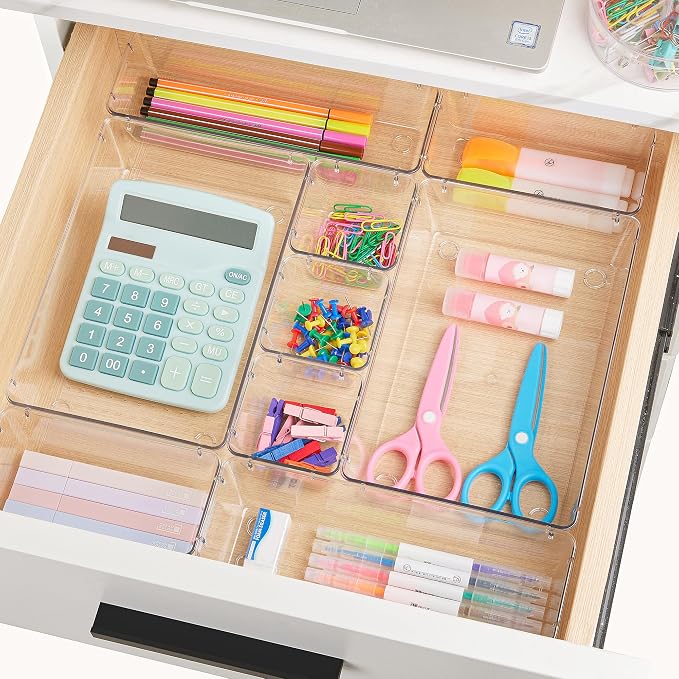 Vtopmart 28 Pack Clear Drawer Organizer Bins, 4 Sizes Storage Trays | Clear Storage Bins for Makeup, Bathroom, Kitchen & Office Drawers, Multi-Size Organizers Keep Toiletries, Tools & Essentials - Image 4