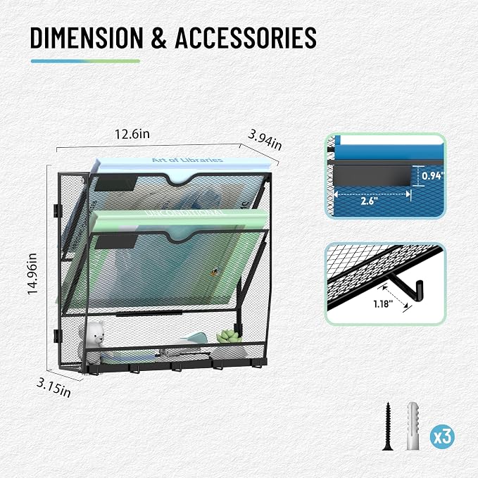 3-Tier Wall File Organizer with 5 Hooks, Wall Mounted Mail Organizer | File Holder Organizer, Metal Mesh Office Wall Organizer for Home, School & Classroom - Image 2