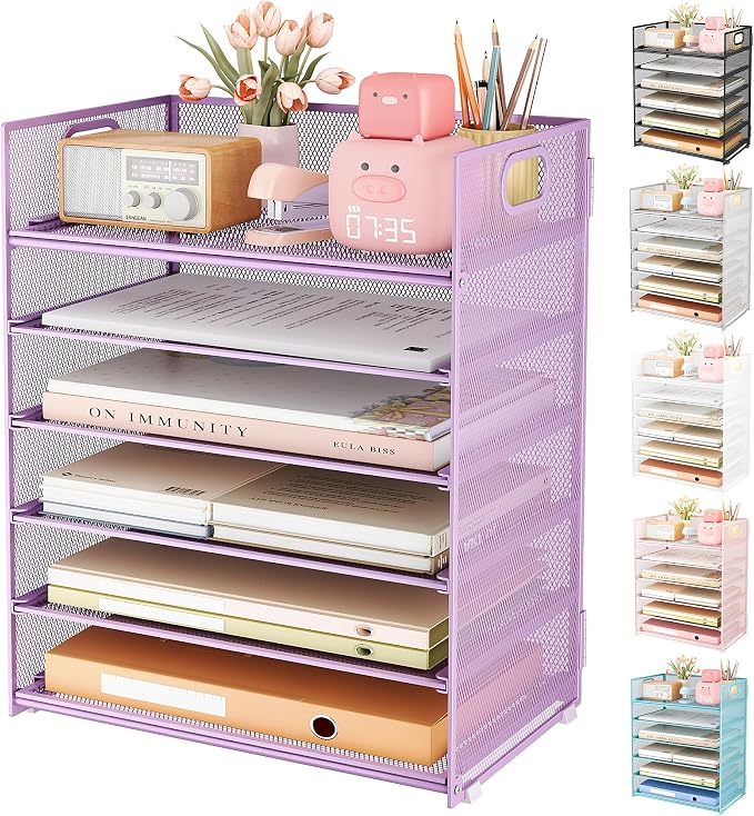 Subekyu 6 Tier Paper File Tray Organizer for Desk, Purple Mesh Desk Letter Paper File Folder Accessories Sorter Organizer with Handle, Stackable Slide Tray for Office, Home or School Supplies Storage by SUBEKYU