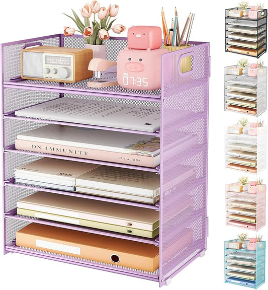 Subekyu 6 Tier Paper File Tray Organizer for Desk, Purple Mesh Desk Letter Paper File Folder Accessories Sorter Organizer with Handle, Stackable Slide Tray for Office, Home or School Supplies Storage by SUBEKYU
