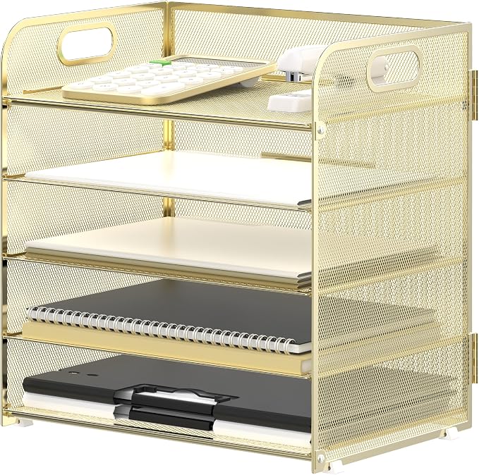 5 Trays Paper Organizer Letter Tray with Handle-Mesh Desk File Organizer, Paper Sorter Desk Organizer for Office, Home or School (Golden) by SUPEASY