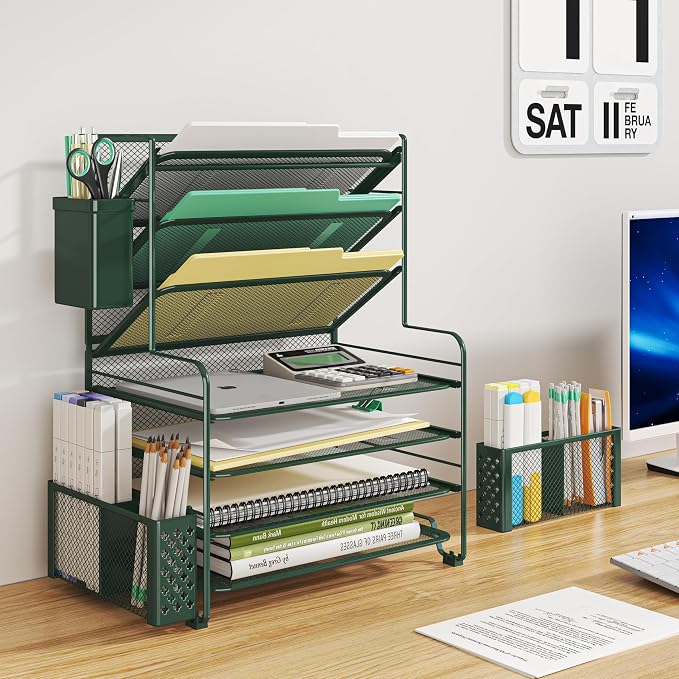 Simple Trending 7 Tier Desk File Organizer, Letter Tray Paper Organizer with Pen Holder and Metal Hanging Basket, Green - Image 2
