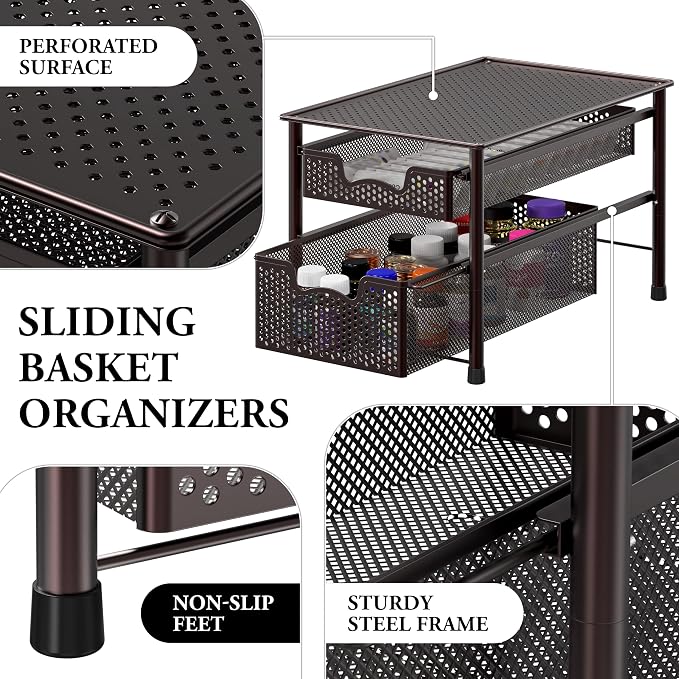Simple Houseware Stackable 2 Tier Sliding Basket Organizer Drawer, Bronze - Image 4