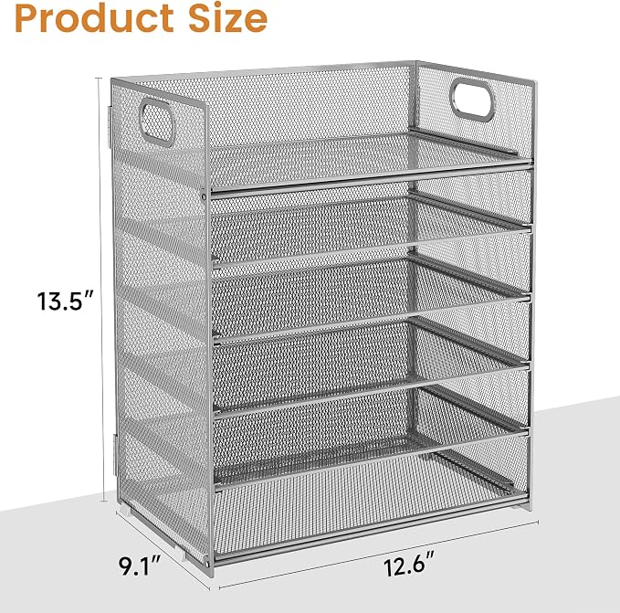Subekyu 6 Tier Paper Organizer for Desk with Handle, Metal Mesh Desk Office File Folder Paper Letter Tray Accessories Organizer Sorter for Home, School, Office Desktop Document Organization - Silver - Image 6