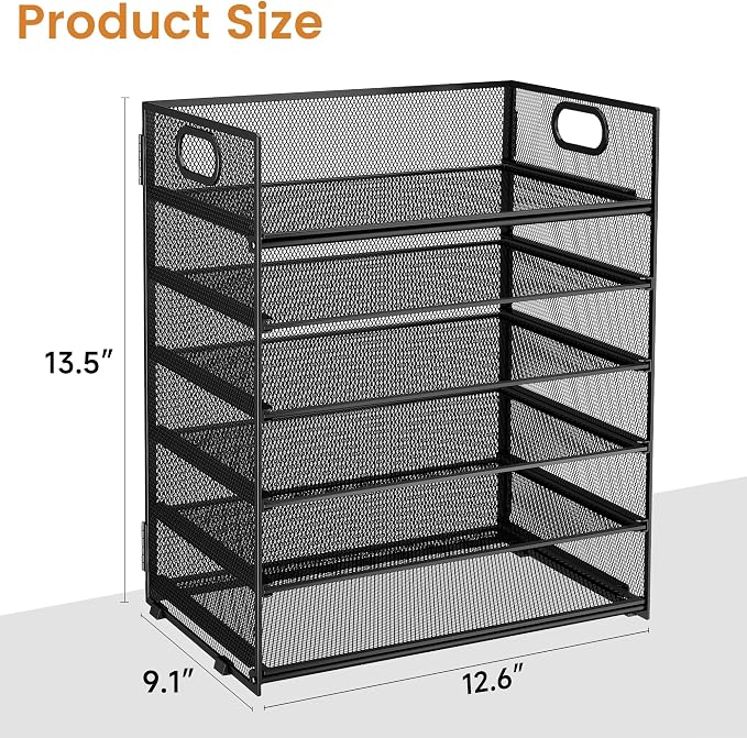 Subekyu 6 Tier Paper File Tray Organizer for Desk, Black Mesh Desk Letter Paper File Folder Accessories Sorter Organizer with Handle, Stackable Slide Tray for Office, Home or School Supplies Storage - Image 6