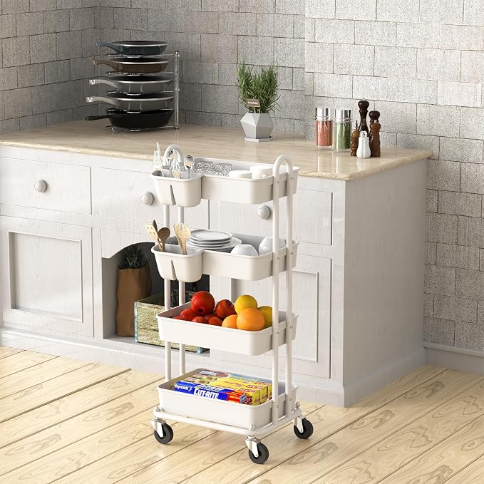Simple Houseware 4-Tier Rolling Utility Cart with Hanging Bucket, White | Storage for Bathroom, Kitchen, Office, Study Room, Nursery Diaper - Image 4