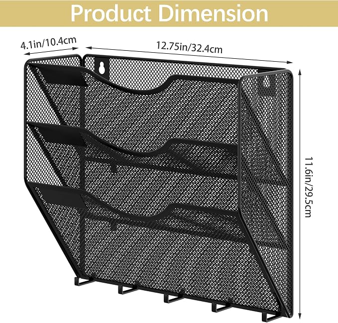 EasyPAG 3 Pocket Mesh Wall File Organizer with Key Hooks, Hanging Paper Folder Holder with Classify Label, Vertical Wall Mount Mail Organizer for Office Home Classroom, Black - Image 4