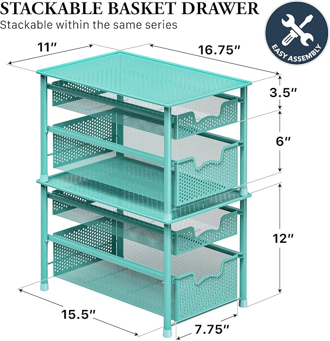 Simple Houseware Stackable 2 Tier Sliding Basket Drawer, Turquoise - Image 2