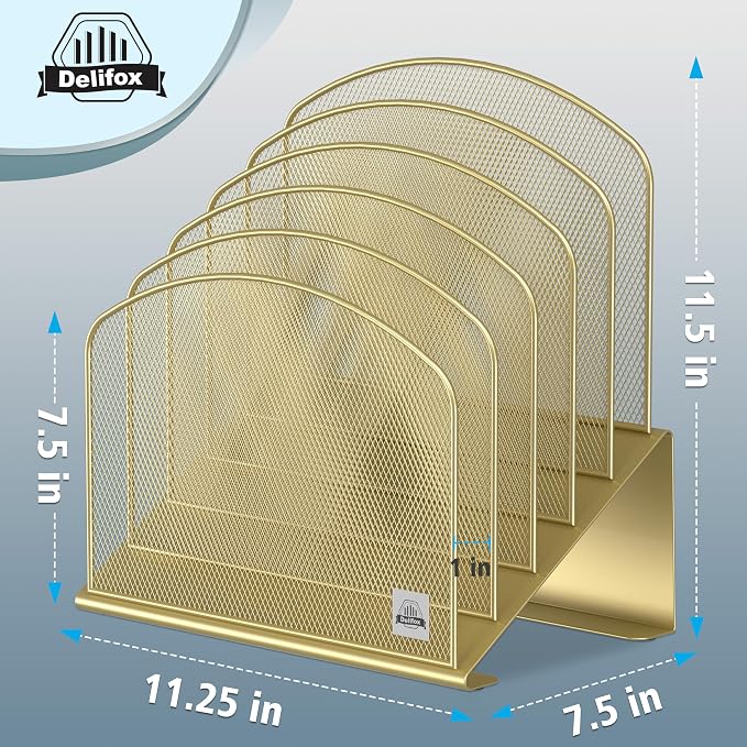 Delifox Inclined Desk File Organizer,Vertical File Folder Holder Stand Metal Rack File Sorter for Office Classroom Desktop Organization (2, Gold, 5) - Image 2