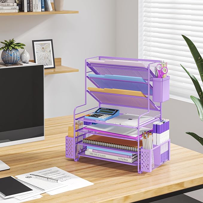 Simple Trending 7 Tier Desk File Organizer, Letter Tray Paper Organizer with Pen Holder and Metal Hanging Basket, Purple - Image 6