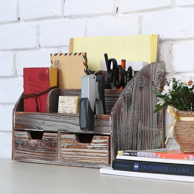 MyGift Office Supply Organizer with Drawers, Torched Wood Desktop Storage | Multi-section storage keeps pens, stationery, gadgets, and workspace essentials neatly arranged with rustic wood finish - Image 2