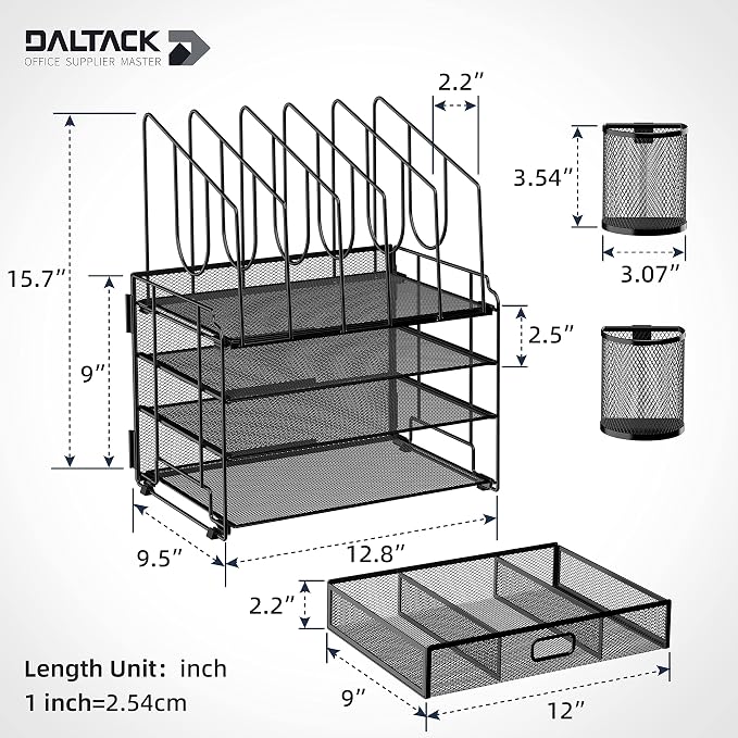 DALTACK 4-Tier Mesh Desk Organizer with Drawer, Desktop Organizer with 5 Vertical File Holders and 2 Pen Holders, File Organizer for Desk, Multifunction Office Desk Accessories, Black - Image 4