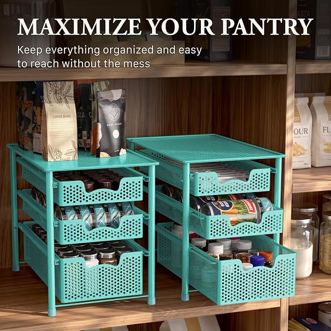 Simple Houseware Stackable 3 Tier Slide Basket Organizer Drawer, Turquoise - Image 7