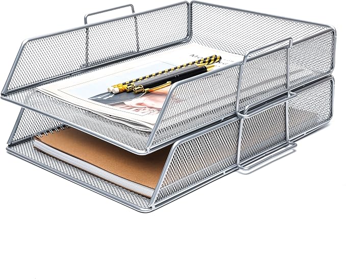 EXERZ Paper Sorter 2pcs Tier Stackable A4 Desk Organiser Letter Tray Silver | Durable Metal Mesh Holds Papers Files Folders Notebooks And Magazines For Office Home Study Classroom Desks by Exerz