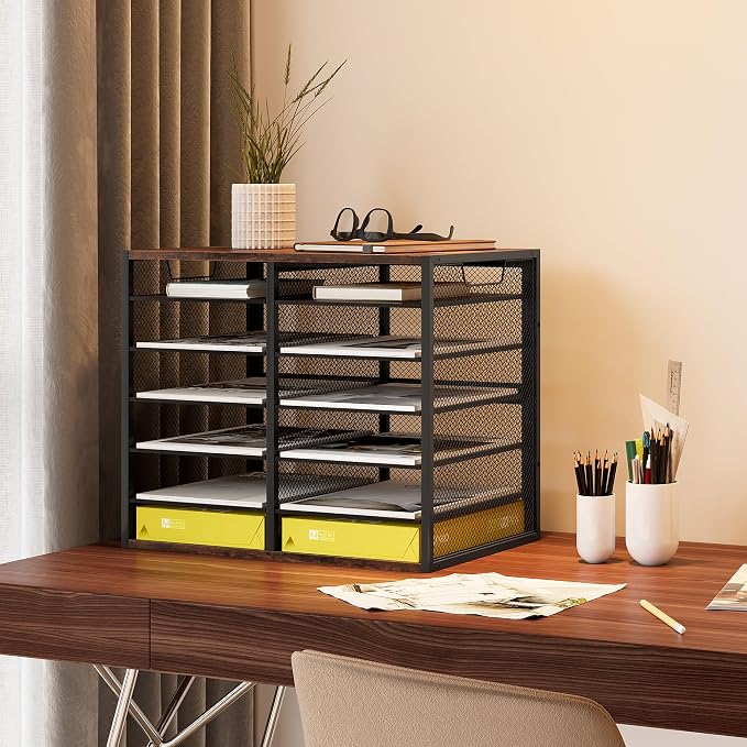 TQVAI 12 Compartments Desktop Literature Organizer, Metal Frame Paper Sorter with Handles, Adjustable Mailbox for Classroom and Office, Desk File Organizer for Document, Bill, Magazine, Antique Brown - Image 6