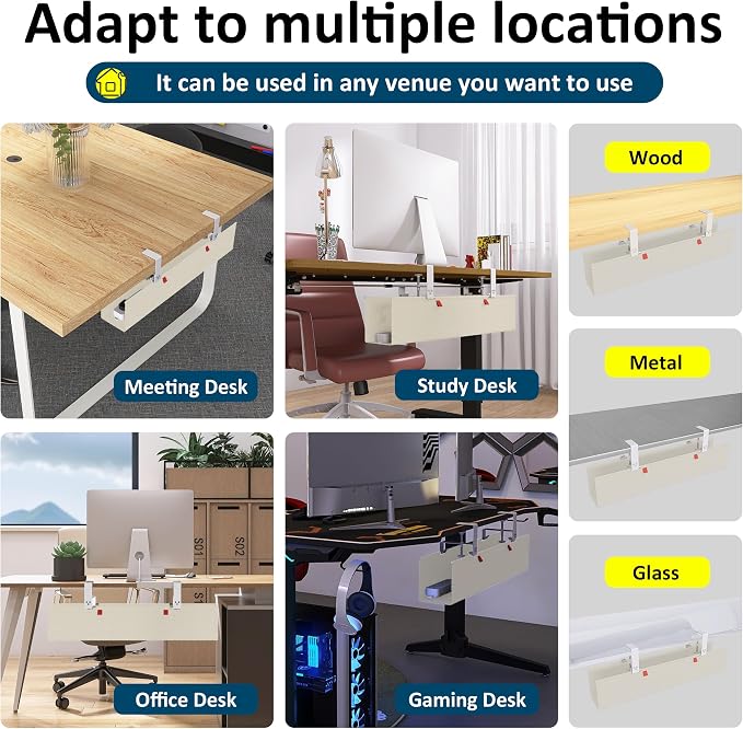 28" Small Under Desk Cable Management Tray No Drill, Compact Clamp On Cord Organizer for Dorm & Small Desk, Anti-Sag Oxford Fabric Wire Hider, Power Strip Holder (Beige, 28.6") - Image 5